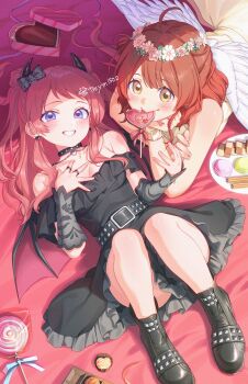 Rule 34 | 2girls, ahoge, angel and devil, angel wings, belt, black boots, black dress, blue eyes, blush, boots, box, breasts, brown hair, candy, chocolate, chocolate heart, closed mouth, collar, commentary request, cookie, demon wings, detached sleeves, dress, earrings, elbow rest, flower wreath, food, gakuen idolmaster, grin, hair bun, hanami saki, hanami ume, hand on own chest, head wreath, heart, heart-shaped box, heart-shaped food, heart earrings, highres, idolmaster, jewelry, lollipop, long hair, looking at viewer, lying, macaron, mouth hold, multiple girls, off-shoulder dress, off shoulder, on back, on stomach, red hair, ring, small breasts, smile, tamayume, twitter username, two side up, wings, yellow dress, yellow eyes