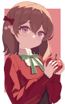 1girl animated animated_gif apple blinking bow breathing_(animated) brown_hair closed_eyes closed_mouth food fruit green_ribbon hair_bow hands_up highres holding holding_food holding_fruit long_sleeves looking_at_viewer neck_ribbon open_mouth original piao_mao pixel_art purple_eyes red_bow red_shirt ribbon shirt smile solo spartan_(halo) upper_body