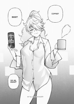 Rule 34 | 1girl, :3, beer can, breasts, can, closed mouth, coffee mug, collared shirt, commentary, cowboy shot, cup, drink can, english commentary, english text, greyscale, hair over one eye, highres, holding, holding can, holding cup, long hair, looking at viewer, medium breasts, monochrome, mug, one eye covered, original, puff of air, see-through silhouette, shirt, smile, solo, speech bubble, studionice2011, swept bangs, talking