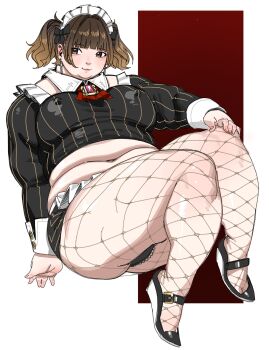 1girl ascot black_bow black_shirt black_shoes black_skirt blunt_bangs blush bow breasts brown_eyes brown_hair covered_erect_nipples crop_top detached_sleeves earrings fat fat_rolls fat_woman fishnet_pantyhose fishnets hair_bow hand_on_own_knee jewelry lips maid maid_headdress medium_breasts miniskirt navel orignal pantyhose pinstripe_pattern pinstripe_shirt pinstripe_skirt platform_shoes shirt shoes short_hair sitting skirt solo thick_thighs thighs twintails utoka white_background