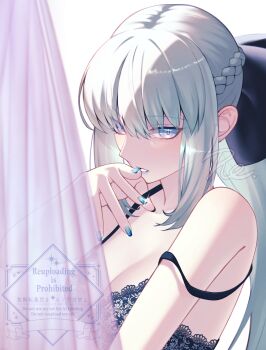 1girl black_bow black_bra blue_eyes bow bra braid breasts cleavage commentary_request fate/grand_order fate_(series) grey_hair hair_bow highres l4st_resort long_hair looking_at_viewer morgan_le_fay_(fate) morgan_le_fay_(fate/apocrypha) nail_polish ponytail sidelocks solo underwear upper_body very_long_hair white_hair