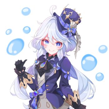 1girl :&gt; ahoge ascot black_ascot black_gloves blue_eyes blue_hair blue_hat blue_jacket brooch bubble commentary furina_(genshin_impact) genshin_impact gloves hair_between_eyes hair_intakes hat highres jacket jellyfish_cut jewelry korean_commentary long_hair long_sleeves naughty_(pixiv_82037990) shirt simple_background solo top_hat upper_body very_long_hair white_background white_shirt