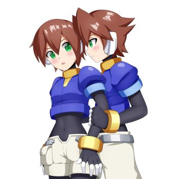 1boy 1girl aile_(mega_man_zx) black_bodysuit blue_jacket blush bodysuit brown_hair cowboy_shot cropped_jacket green_eyes highres jacket jwc_vevo mega_man_(series) mega_man_zx pants robot_ears short_hair simple_background vent_(mega_man) white_background white_pants