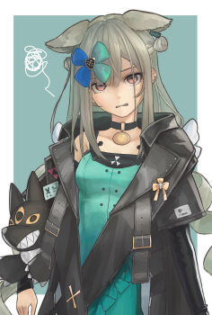 Rule 34 | 1girl, absurdres, animal ear piercing, animal ears, arknights, black choker, black jacket, border, breasts, cat ears, cat girl, chinese commentary, choker, commentary, doll, dress, drill hair, ear piercing, green background, green dress, hair over one eye, hair ribbon, head tilt, highres, holding, holding doll, infection monitor (arknights), jacket, light frown, long hair, looking at viewer, medium breasts, morpheus (arknights), open clothes, open jacket, orange eyes, outside border, paina (xc428), piercing, ribbon, solo, squiggle, straight-on, swept bangs, tsurime, twin drills, upper body, upturned eyes, wavy mouth, white border