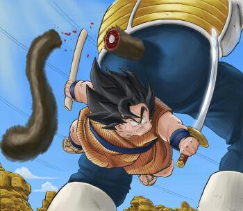 1boy action armor black_hair blood courage cuts day deep_wound dragon_ball dragonball_z fat fat_man fur injury katana long_hair male_focus monkey oozaru sandals severed_tail sky spoilers sweatdrop sword tail vegeta vinc3412 weapon yajirobe