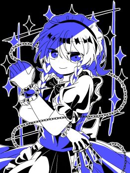 1girl apron between_fingers bow bowtie braid chain closed_mouth commentary_request hair_bow highres holding holding_knife izayoi_sakuya knife knives_between_fingers long_hair looking_at_viewer maid maid_headdress monochrome pocket_watch purple_eyes purple_theme smile solo touhou twin_braids waist_apron wakana1327 watch wrist_cuffs