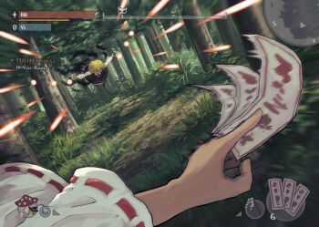 2girls absurdres ascot between_fingers black_skirt black_vest blonde_hair closed_eyes commentary_request crosshair danmaku english_text fake_screenshot female_pov flying forest gameplay_mechanics gohei hair_ribbon hakurei_reimu heads-up_display health_bar highres holding holding_ofuda long_sleeves motion_blur multiple_girls mushroom nature ofuda open_mouth outdoors outstretched_arms pov pov_hands red_ascot ribbon ribbon-trimmed_sleeves ribbon_trim rumia sharp_teeth shide short_hair skirt skirt_set spread_arms suteruko teeth touhou user_interface vest viewer_holding_weapon wide_sleeves