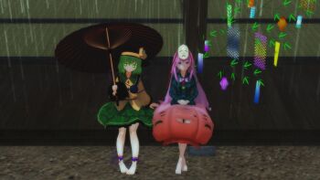 Rule 34 | 2girls, 3d, bamboo, barefoot, blouse, bow, bubble skirt, commentary request, expressionless, floral print, flower, fox mask, frills, furui, green eyes, green hair, green skirt, hat, hat ribbon, hata no kokoro, highres, holding, holding umbrella, komeiji koishi, long hair, long sleeves, looking at viewer, mask, mikumikudance (medium), multiple girls, oil-paper umbrella, pink eyes, pink hair, plaid clothes, plaid shirt, rain, ribbon, shirt, short hair, sitting, skirt, smile, string, third eye, touhou, umbrella, veranda, very long hair, wide sleeves, yellow ribbon