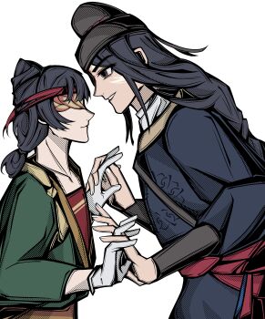 Rule 34 | 1boy, 1girl, absurdres, black hair, black hat, blue hanfu, bracer, braid, chinese clothes, chinese commentary, closed mouth, collarbone, commentary request, cone hair bun, covered eyes, cowboy shot, dancing, face-to-face, facepaint, facial mark, fingernails, forehead mark, gloves, green jacket, grey eyes, hair bun, han5485981, hanfu, happy, hat, headband, height difference, hetero, highres, holding hands, infinity nikki, interlocked fingers, jacket, long hair, long sleeves, low-tied long hair, low ponytail, mya (infinity nikki), nikki (series), nostrils, parted lips, pointy nose, ponytail, red hanfu, red headband, red sash, sash, shi gandang (infinity nikki), shirt, simple background, single braid, single hair bun, smile, teeth, very long hair, waist sash, white background, white gloves, white shirt