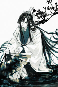 Rule 34 | 1boy, aki uzuzame, bishounen, black hair, branch, chinese clothes, closed mouth, commentary request, crying, crying with eyes open, folding fan, green eyes, hair between eyes, half updo, hand fan, hanfu, highres, holding, holding fan, japanese clothes, light particles, long hair, long sleeves, looking at viewer, looking down, male focus, monochrome, paper fan, ribboned xiao guan, robe, seiza, shi qingxuan, sidelocks, simple background, sitting, solo, spot color, tears, tianguan cifu, very long hair, wading, water, white background, wide sleeves, xiao guan (headdress)