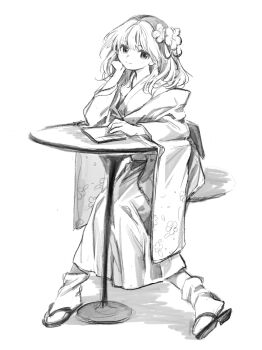 1girl 80isiiii absurdres chinese_commentary closed_mouth commentary_request flower full_body greyscale hair_flower hair_ornament hieda_no_akyuu highres japanese_clothes kimono long_sleeves monochrome short_hair simple_background sketch skirt smile socks solo touhou white_background wide_sleeves