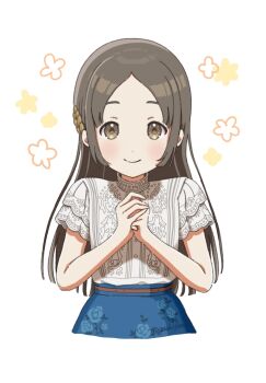 Rule 34 | 1girl, belt, blouse, blue skirt, blush, brown belt, brown eyes, brown hair, closed mouth, commentary request, gachiponz, gakuen idolmaster, hair ornament, hands up, highres, idolmaster, kuramoto china, laurels, leaf hair ornament, long hair, looking at viewer, own hands together, parted bangs, shirt, short sleeves, simple background, skirt, smile, solo, upper body, white background, white shirt