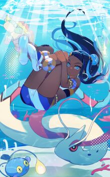 1girl armlet ass bare_shoulders belly_chain bike_shorts bikini black_hair blue_eyes blue_eyeshadow chinchou clamperl closed_mouth commentary crop_top dark-skinned_female dark_skin drednaw earclip earrings eyeshadow floating_hair full_body gen_2_pokemon gen_3_pokemon gen_8_pokemon gloves hair_bun highres hoop_earrings hsin huntail jewelry light_rays long_hair looking_at_viewer makeup midriff milotic multicolored_hair nessa_(pokemon) nintendo pokemon pokemon_(creature) pokemon_swsh seafloor single_glove single_hair_bun swimsuit tankini twitter_username two-tone_hair underwater white_footwear wiglett