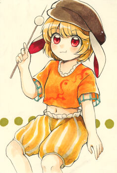 1girl :3 :t absurdres animal_ears bad_id bad_pixiv_id blonde_hair blush brown_hat closed_mouth commentary_request crop_top cropped_shirt dango feet_out_of_frame floppy_ears food hat highres holding holding_food midriff mofumaa navel orange_shirt rabbit_ears rabbit_girl ringo_(touhou) shirt short_hair short_sleeves shorts solo striped_clothes striped_shorts touhou traditional_media wagashi yellow_shorts