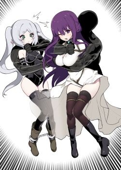 2boys 2girls absurdres arms_behind_back bdsm black_boots black_thighhighs bondage bondage_outfit boots bound bound_arms bound_legs bound_thighs bound_torso breast_bondage breasts brown_boots brown_thighhighs clothes_lift collar covered_navel crotch_rope dress dress_lift elbow_gloves elf faceless faceless_male fern_(sousou_no_frieren) frieren gloves grabbing_from_behind green_eyes grey_hair highres kinbakuman large_breasts long_hair multiple_boys multiple_girls muscular muscular_male pointy_ears purple_eyes purple_hair restrained rope shibari shibari_over_clothes slave small_breasts sousou_no_frieren thighhighs twintails white_dress zettai_ryouiki
