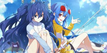 2girls alternate_costume alternate_hairstyle bandaid bandaid_on_leg bespectacled bike_shorts bike_shorts_under_shorts black_shorts blue_bow blue_eyes blue_hair blue_sky bow breasts closed_mouth cloud commentary day english_commentary eyewear_on_head fishing fishing_rod game_cg glasses hair_between_eyes hair_bow highres hinanawi_tenshi hinanawi_tenshi_(eldest_daughter_enjoying_the_beach) holding holding_fishing_rod horizon jacket long_hair long_sleeves looking_at_viewer multiple_girls ocean official_art open_mouth outdoors red-framed_eyewear red-tinted_eyewear red_eyes saipaco shorts sky smile squiggle sunglasses third-party_source tinted_eyewear touhou touhou_lostword two_side_up very_long_hair yellow_jacket yellow_shorts yorigami_shion yorigami_shion_(somewhat_successful_big_sister)