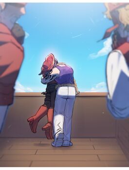 Rule 34 | 2boys, 2others, absurdres, alternate costume, arm around back, arm tattoo, ass, bandana, bare shoulders, beard stubble, black hair, blonde hair, blurry, blurry foreground, boots, brown hair, carrying, chain, chain belt, chain necklace, chained, cloud, collared jacket, curly hair, day, depth of field, faceless, facial hair, facing away, formal clothes, from behind, full body, gloves, gregor (project moon), hair between eyes, hair slicked back, hat, height difference, held up, high heel boots, high heels, highres, holding, hug, implied kiss, jacket, jewelry, knee boots, limbus company, long hair, long sleeves, looking at another, low ponytail, male focus, meursault (project moon), middle (identity) (project moon), multiple boys, multiple others, muscular, muscular male, necklace, official alternate costume, okazu1324343, outdoors, pants, pirate costume, pirate hat, pirate ship, ponytail, project moon, purple shirt, red bandana, red boots, red hat, red jacket, red shirt, red vest, ship, shirt, shoes, short hair, shoulder tattoo, simple background, size difference, sky, sleeveless, sleeveless shirt, standing, stubble, tank top, tattoo, tattoo on shoulder, thigh strap, twinhook pirates (identity) (project moon), vest, watercraft, white pants, white shirt, yaoi