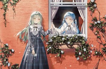 Rule 34 | 2girls, bang dream!, bang dream! it's mygo!!!!!, black choker, black ribbon, blue dress, blue hair, chinese commentary, choker, commentary request, dress, flower, frilled choker, frills, green hair, hair ribbon, highres, holding hands, long hair, long sleeves, multiple girls, neck ribbon, plaid clothes, plaid dress, ribbon, rose, second-party source, shirt, sidelocks, togawa sakiko, two side up, umie (iowae), wakaba mutsumi, white flower, white rose, white shirt, window, yellow eyes, yuri