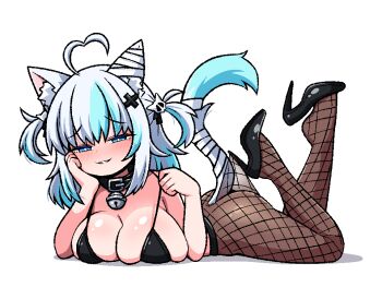 1girl ahoge animal_ears blue_eyes blue_hair blush breasts cat_ears cat_girl cat_tail collar fishnet_pantyhose fishnets hashtag-only_commentary high_heels indie_virtual_youtuber ink_(inksgirls) large_breasts looking_at_viewer lying multicolored_hair nani_(vtuber) on_stomach pantyhose smile tail two-tone_hair two_side_up virtual_youtuber white_background white_hair
