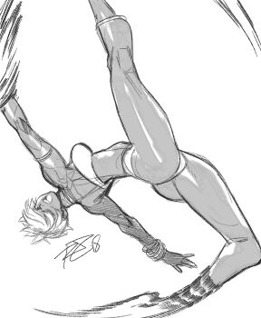 1girl arched_back armlet ass bracelet breasts capoeira dark-skinned_female dark_skin elena_(street_fighter) female_focus greyscale hair_over_one_eye highres jewelry long_legs looking_at_viewer medium_breasts monochrome motion_blur neck_ring robaato short_hair solo strapless street_fighter street_fighter_iii_(series) thighs tube_top upside-down very_dark_skin