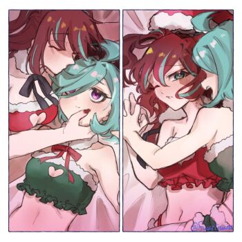 2girls ahoge akoya_matama anemo_nemo aqua_hair bed bed_sheet bikini blush breasts christmas commentary_request fur-trimmed_headwear fur_trim fuurinura hair_over_one_eye hat hug kiss kissing_hair large_breasts long_hair lying mahou_shoujo_ni_akogarete multicolored_hair multiple_girls on_back on_bed open_mouth pillow purple_eyes santa_bikini santa_costume santa_hat sharp_teeth short_hair streaked_hair swimsuit teeth upper_body yuri
