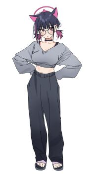 1girl absurdres alternate_costume alternate_hairstyle animal_ears black_pants blue_archive blush breasts cat_ears cat_girl cleavage closed_mouth colored_inner_animal_ears cropped_shirt glasses grey_shirt halo hands_on_own_hips hashtag-only_commentary high-waist_pants highres kazusa_(blue_archive) large_breasts looking_at_viewer low_twintails navel pants pink_hair pink_halo red_eyes riel_(rielilu) round_eyewear sandals shirt short_hair short_twintails solo toes twintails