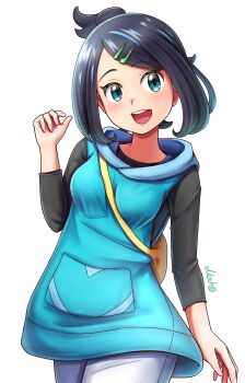 1girl absurdres bag black_hair blue_eyes blue_jacket blush breasts commentary_request highres jacket liko_(pokemon) long_sleeves looking_at_viewer maho_(corotonton5150) medium_breasts medium_hair nintendo open_mouth pokemon pokemon_(anime) pokemon_horizons shoulder_bag signature simple_background smile solo white_background