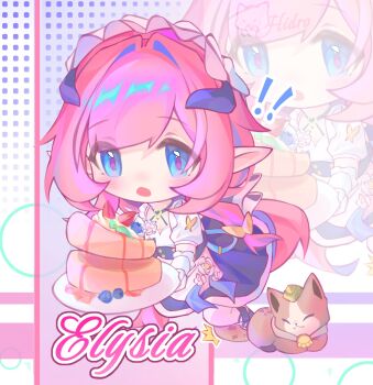 ! !! 1girl apron black_dress blue_eyes cake can_(honkai_impact) cat character_name commentary dress elf elysia_(honkai_impact) elysia_(miss_pink)_(honkai_impact) elysia_(miss_pink_elf)_(honkai_impact) english_commentary fake_horns food gloves highres holding holding_cake holding_food honkai_(series) honkai_impact_3rd horns lucas_(lucasng29949052) maid maid_apron maid_headdress official_alternate_costume pink_hair pointy_ears white_apron white_gloves