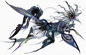 Rule 34 | absurdres, black fur, black tail, black wings, blue wings, creature, full body, highres, kamikiririp, monster, monster focus, multicolored wings, no humans, original, simple background, solo, white background, wings