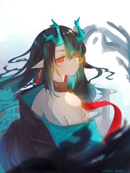 Rule 34 | 1girl, absurdres, arknights, black hair, dragon girl, dragon horns, dusk (arknights), earrings, green horns, hair over one eye, highres, horns, jewelry, necktie, pointy ears, red eyes, solo, tassel, tassel earrings, yukkindraws