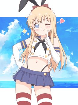 1girl ;) absurdres animal_ears black_neckerchief black_panties blonde_hair blue_eyes blue_sailor_collar blue_skirt blush bow brown_bow chrislu07 cloud commentary cosplay cowboy_shot crop_top day elbow_gloves english_commentary fake_animal_ears gloves hair_bow hand_on_own_hip heart highleg highleg_panties highres horizontal-striped_thighhighs index_finger_raised kantai_collection letterboxed loli long_hair looking_at_viewer microskirt navel neckerchief ocean one_eye_closed panties rabbit_ears sailor_collar shimakaze_(kancolle) shimakaze_(kancolle)_(cosplay) skirt sky smile solo sparkle striped_clothes striped_thighhighs thighhighs toshinou_kyouko twitter_username underwear white_gloves yuruyuri