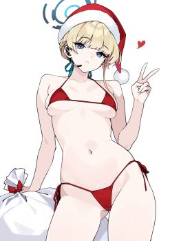 1girl bikini blonde_hair blue_archive blue_eyes blue_ribbon braid breasts breasts_apart cameltoe closed_mouth commentary_request contrapposto cowboy_shot fur-trimmed_headwear fur_trim gluteal_fold hair_ribbon halo hat headset heart highres kotomuke_fuurin looking_at_viewer medium_breasts micro_bikini navel red_bikini red_ribbon revision ribbon sack santa_hat short_hair side-tie_bikini_bottom simple_background skindentation solo swimsuit toki_(blue_archive) underboob v white_background