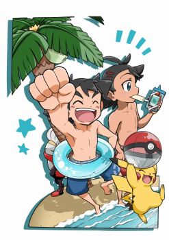 2boys ash_ketchum ball barefoot beach beachball black_hair closed_eyes coconut_tree fist_pump float food gen_1_pokemon gen_4_pokemon gen_8_pokemon goh_(pokemon) ice_cream male_focus multiple_boys nintendo open_mouth palm_tree pikachu pokemon pokemon_(anime) pokemon_(creature) pokemon_journeys raboot rotom rotom_phone shota smile teeth tree upper_teeth_only white_background