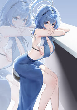 1girl absurdres ako_(blue_archive) ako_(dress)_(blue_archive) arm_support bar_(place) bar_stool bent_over blue_archive blue_dress blue_eyes blue_hair blue_halo breasts cleavage commentary_request counter dress evening_gown hair_between_eyes hairband halo head_rest highres large_breasts long_hair looking_at_viewer mi_rong_abmiron official_alternate_costume official_alternate_hairstyle side_slit sideboob sidelocks simple_background sitting solo stool thighs zoom_layer