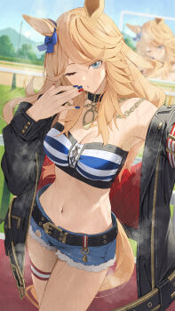 1girl animal_ears bandeau bare_shoulders belt black_belt black_choker black_jacket blonde_hair blue_bow blue_eyes blue_shorts blush bow breasts chain choker cleavage collarbone cutoffs denim denim_shorts ear_bow gold_chain gold_city_(authentic/1928)_(umamusume) gold_city_(umamusume) highres horse_ears horse_girl horse_tail jacket large_breasts long_hair long_sleeves looking_at_viewer midriff multicolored_nails navel ningen_gokko one_eye_closed open_clothes open_jacket outdoors parted_lips shorts steaming_body strapless striped_bandeau sweat tail thigh_strap tube_top umamusume very_sweaty