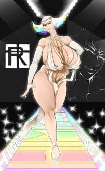 1girl absurdres arm_warmers bare_shoulders breasts dress full_body high_heels highres huge_breasts kill_la_kill kiryuuin_ragyou mature_female multicolored_hair no_panties revealing_clothes smoxul solo walking walkway white_dress white_hair