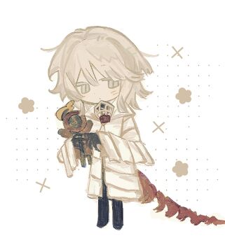 1girl black_pants blush character_doll chibi claws coat commentary dante_(limbus_company) doll e.g.o_(project_moon) faust_(project_moon) full_body highres kishimen_hair limbus_company long_sleeves medium_hair pants project_moon sh9483578135571 simple_background skeletal_tail solo symbol-only_commentary tail thoracalgia_(e.g.o) white_background white_coat white_hair