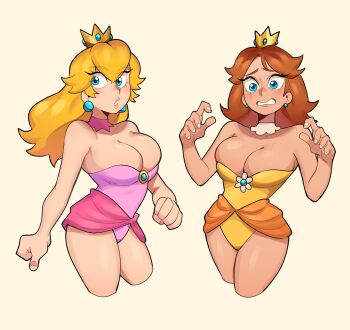 2girls adapted_costume blonde_hair blue_eyes breasts brown_eyes cleavage crown earrings highres jewelry large_breasts leotard looking_to_the_side maejpg mario_(series) multiple_girls nintendo pink_leotard princess_daisy princess_peach simple_background sphere_earrings strapless strapless_leotard yellow_leotard
