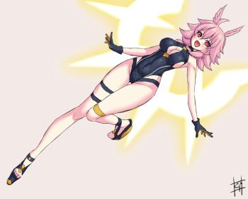 1girl bare_shoulders black_gloves black_one-piece_swimsuit breasts choker cleavage cleavage_cutout clothing_cutout energy_wings fate/grand_order fate_(series) full_body gloves guriguri_(arayotto4351) head_wings highleg highleg_one-piece_swimsuit hildr_(fate) hildr_(swimsuit_assassin)_(fate) large_breasts looking_at_viewer medium_hair one-piece_swimsuit open_mouth pink_hair red_eyes sandals smile solo swimsuit thighs valkyrie_(fate) wings