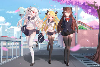 3girls :o ahoge arms_behind_back artist_name bag bangle black_footwear black_jacket black_legwear black_ribbon black_sailor_collar black_skirt blazer blonde_hair blouse blue_sky blurry blurry_foreground blush bow bowtie bracelet breasts brown_eyes brown_hair building buttons cherry_blossoms cityscape closed_mouth cloud cloudy_sky collarbone collared_shirt commentary_request day depth_of_field duffel_bag flat_chest groin hair_between_eyes hair_ornament hair_ribbon hairclip heart heart_ahoge holding holding_bag house jacket jewelry lamppost leg_up light_particles loafers long_hair looking_at_another medium_breasts midriff miniskirt multiple_girls navel niliu_chahui one_eye_closed open_mouth original outdoors path pleated_skirt qys3 red_eyes red_neckwear ribbon road sailor_collar school_bag school_uniform serafuku shadow shirt shoes short_sleeves siblings sidelocks signature sisters skirt sky smile standing stomach thighhighs tokisaki_asaba_(niliu_chahui) tokisaki_mio_(niliu_chahui) tree two_side_up undershirt v-shaped_eyebrows very_long_hair walking white_hair white_legwear white_shirt wing_collar wristband x_hair_ornament zettai_ryouiki