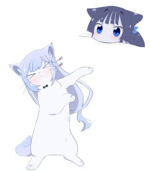 &gt;_&lt; animal animal_focus animalization black_bow black_bowtie black_hair blue_eyes blue_hair bow bowtie cat closed_mouth hair_ornament hutaba idolmaster idolmaster_million_live! idolmaster_million_live!_theater_days long_hair mogami_shizuka no_humans rearing shiraishi_tsumugi simple_background white_background