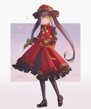 1girl absurdres belt_buckle beret black_dress black_hair black_pantyhose black_shoes brown_gloves buckle dante_alighieri_(hell_maiden) dress full_body gloves hair_rings hat hell_maiden highres holding holding_quill long_hair memoriaev pantyhose quill red_dress red_hat shoes sidelocks solo twintails very_long_hair