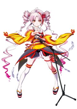 1girl ahoge asymmetrical_legwear bare_shoulders black_dress buttons closed_mouth dress drill_hair floating_clothes full_body gradient_hair hair_ornament highres holding holding_microphone_stand japanese_clothes kimono long_hair microphone_stand multicolored_hair nail_polish necktie obi obijime off_shoulder official_art onikko_hunter_tsuina-chan oohenri_saki open_clothes open_kimono orange_eyes orange_kimono outstretched_hand parted_bangs pink_hair pointy_ears print_kimono red_necktie red_streaks ribbon-trimmed_sleeves ribbon_trim sailor_collar sandals sash second-party_source see-through_dress_layer short_kimono short_necktie sleeveless sleeveless_dress smile socks solo standing streaked_hair synthesizer_v tabi thigh_strap thighhighs tie_clip transparent_background tsuina-chan tsuina-chan_(sv) twin_drills very_long_hair voiceroid white_sailor_collar white_sash white_socks white_thighhighs wide_sleeves yellow_nails zouri