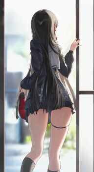 1girl absurdres black_hair black_shirt black_skirt black_socks chisa_(wuthering_waves) facing_away from_behind hand_up hashtag-only_commentary highres holding holding_shoes holding_unworn_clothes indoors jewelry long_hair long_sleeves miniskirt multiple_rings pleated_skirt red_ribbon ribbon ring ryu_o school_uniform serafuku shirt shoes skindentation skirt sleeve_cuffs sleeves_past_wrists socks solo standing thigh_strap thighs unworn_shoes wuthering_waves