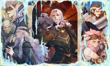 2girls 5boys afk_(series) afk_journey armor beard black_gloves black_horns black_robe braid breastplate brown_eyes brown_gloves brown_hair circlet closed_eyes closed_mouth dragon dwarf facial_hair facial_mark feli_(afk) fingerless_gloves forehead_mark gauge gloves goggles goggles_on_head green_robe grey_hair hand_up hashtag-only_commentary highres hogan_(afk) holding holding_staff horns indris_(afk) long_hair long_sleeves looking_at_viewer mage_staff mask masquerade_mask multicolored_hair multiple_boys multiple_girls multiple_horns mustache pale_skin parted_lips pauldrons pink_hair pointy_ears profile purple_lips ravion_(afk) red_eyes robe scales serious shirt short_hair short_sleeves shoulder_armor side_braids sidelocks smile staff streaked_hair thador_(afk) twin_braids v-shaped_eyebrows vambraces velara_(afk) wavy_hair white_beard white_shirt yepnean zanie_(afk)