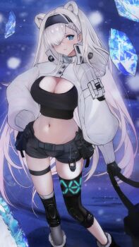 1girl 462vvv animal_ears arknights aurora_(arknights) black_gloves black_hairband black_shorts blue_eyes breasts cleavage commentary crop_top feet_out_of_frame gloves grey_hair groin hair_ornament hair_over_one_eye hairband hairclip hand_on_own_hip highres holding ice ice_crystal large_breasts light_smile long_hair long_sleeves material_growth midriff navel one_eye_covered oripathy_lesion_(arknights) puffy_long_sleeves puffy_sleeves short_shorts shorts solo standing thigh_strap very_long_hair