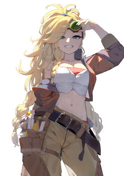 1girl absurdres adjusting_goggles asymmetrical_hair belt blonde_hair blue_eyes braid breasts cleavage crop_top cropped_jacket gemma_(monster_hunter_wilds) goggles goggles_on_head grin highres jacket leather leather_belt leather_jacket liwen520 long_hair long_sleeves looking_at_viewer midriff monster_hunter_(series) monster_hunter_wilds multiple_braids navel open_clothes open_jacket pants ponytail side_braid simple_background smile solo standing teeth tool_belt tools white_background