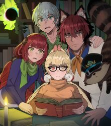 2boys 2girls alice_thymefield animal_ears black_hat blonde_hair book braid candle closed_mouth commentary cosplay daphne_blake daphne_blake_(cosplay) dog_boy dog_ears dress english_commentary ethereal_(zenless_zone_zero) fred_jones fred_jones_(cosplay) glasses green_scarf green_shirt grey_hair hair_ornament hat heterochromia highres holding holding_book indoors jourd4n kamanosuke_(zenless_zone_zero) komano_manato looking_at_viewer multicolored_hair multiple_boys multiple_girls neckerchief open_book open_mouth orange_neckerchief orange_sweater purple_dress purple_sweater raccoon raccoon_tail red_hair scar scar_across_eye scar_on_face scarf scooby-doo scooby-doo_(character) shaggy_rogers shaggy_rogers_(cosplay) shirt sphere_hair_ornament surprised sweater tail twin_braids ukinami_yuzuha velma_dinkley velma_dinkley_(cosplay) white_shirt wide-eyed wise_(zenless_zone_zero) zenless_zone_zero