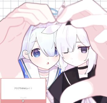 Rule 34 | 2girls, arona (blue archive), black choker, black serafuku, blue archive, blue eyes, blue halo, blue serafuku, blurry, bow hairband, braid, choker, commentary request, depth of field, grey eyes, grid background, hair over eyes, hairband, halo, heart, heart hands, heart hands duo, highres, looking at viewer, multiple girls, nonkichi, plana (blue archive), school uniform, serafuku, siblings, single braid, twins, white choker