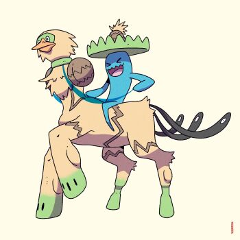 alternate_form expressionless full_body fusion gen_2_pokemon gen_3_pokemon hat highres ludicolo meme nintendo no_humans original_form_pokemon_(meme) parody pedro_larez pokemon pokemon_(creature) riding simple_background tail wavy_mouth what wobbuffet